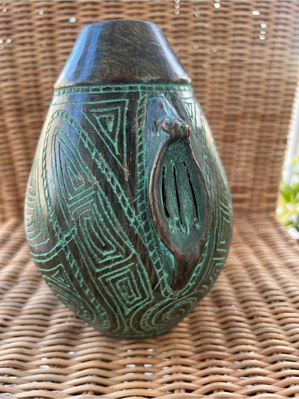 Vintage Marajoara Pottery Face Vase Brazil Amazonian Tribal Carved Geometric